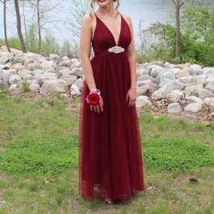 Burgundy deep v neck Prom Dress